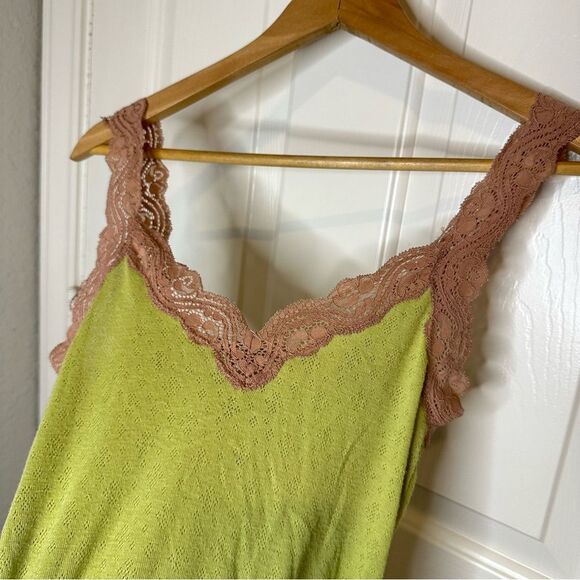 Y2K VTG Abercrombie & Fitch Lime Green Rose Pink Lace Ribbed Cami Top Sz L Fairy - Picture 2 of 10